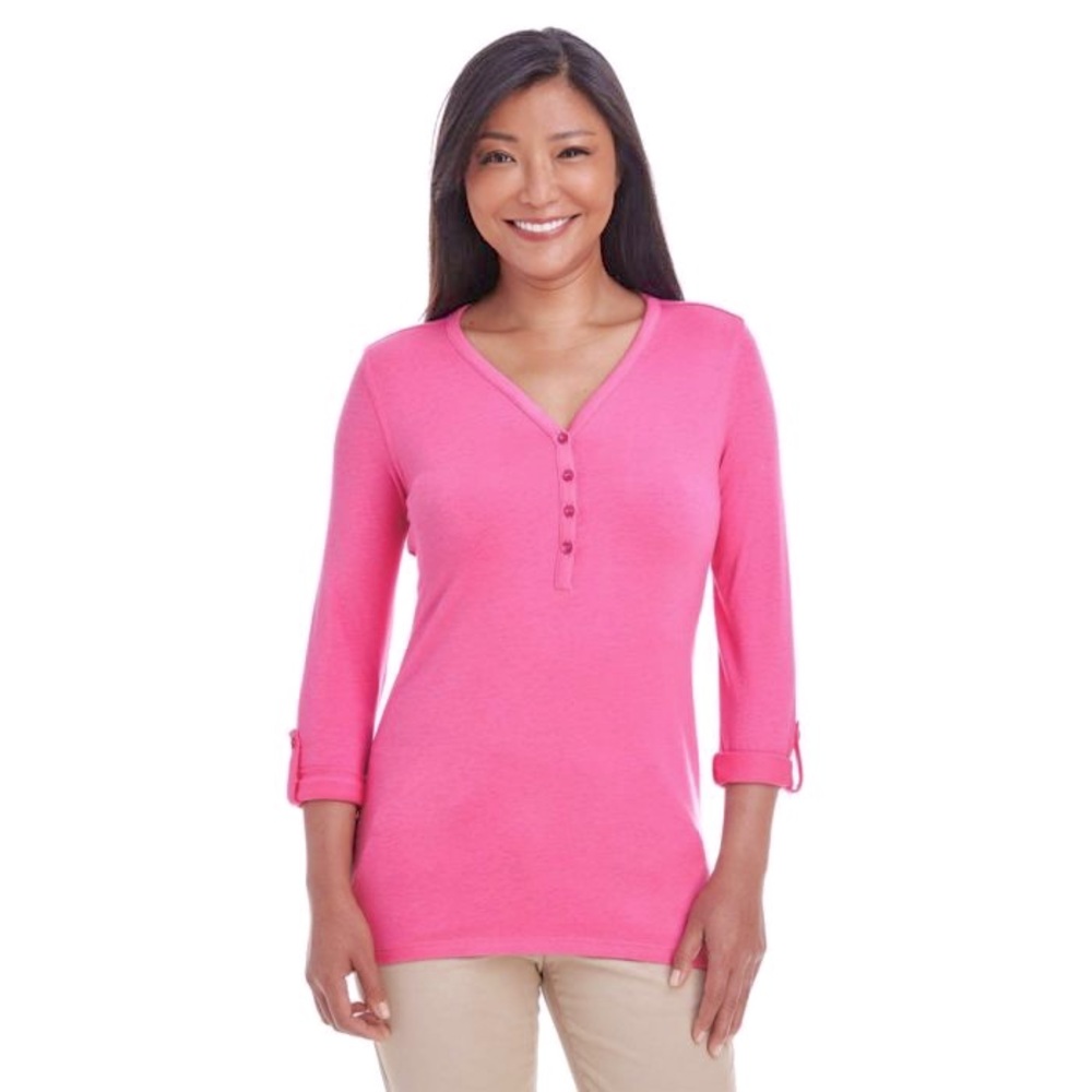 Devon & Jones Convertible Sleeve Knit  Top with Four Button Placket